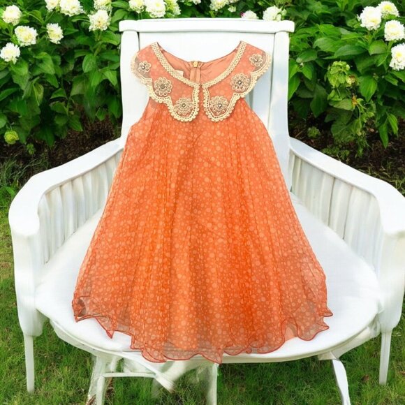 Bonnie Jean Orange Polka Dot Twirl Collar Fancy Easter Party Dress Girls Size 4 - Picture 5 of 12